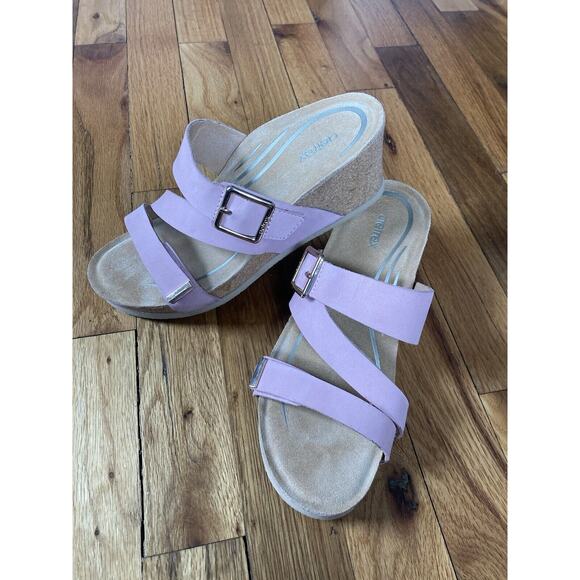 Aetrex Kimmy Arch Support Wedge Pink Strap Cork Summer Coastal Womens Size 7 - Picture 1 of 7